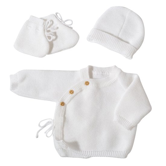 Trois Kilos Sept Trousseau de naissance 0/1 mois : brassière, bonnet, chaussons Blanc 3701322709158 Trois Kilos Sept Trousseau de naissance 0/1 mois : brassière, bonnet, chaussons Blanc 3701322709158