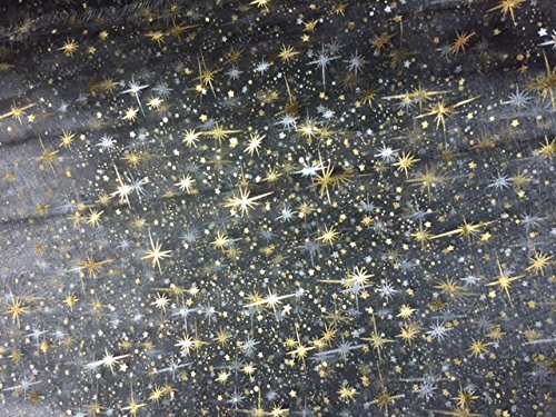 Tissus GRIS Organza ETOILES or argent NOEL au m...