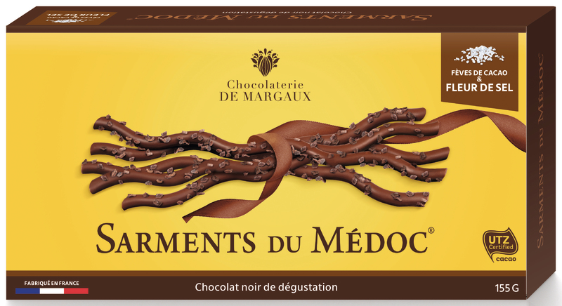 Chocolaterie de Margaux SARMENTS DU MÉDOC CHOCOLAT NOIR A LA FÈVES DE CACAO & À LA FLEUR DE SEL Chocolaterie de Margaux code EAN 3760109080958 