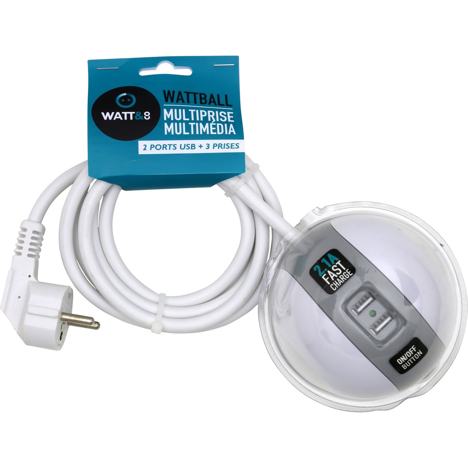 Multiprise Wattball 2.1 A, blanc/gris WATT & CO