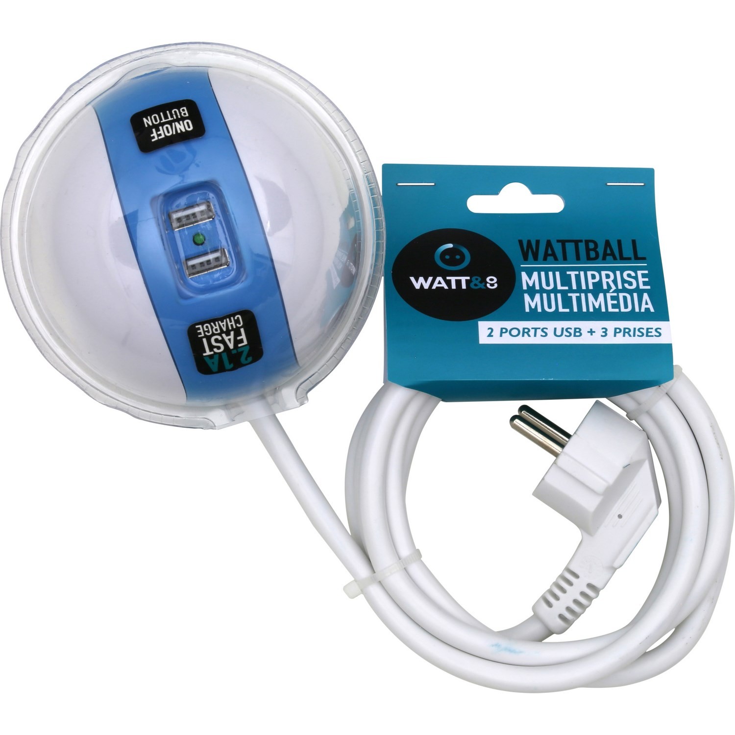 Multiprise Wattball 16A+1P 6A + USB 2.1A bleu W...
