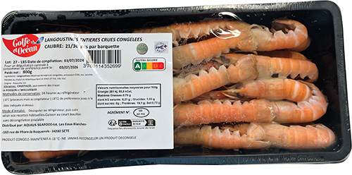 GOLFE ET OCÉAN LANGOUSTINES ENTIÈRES CRUES CALIBRE 21/30 SURGELÉES code EAN 3760114352699 