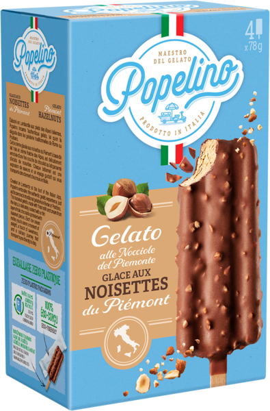 POPELINO BÂTONNET DE GLACE AUX NOISETTES DU PIÉMOND ENROBAGE CHOCOLAT NOISETTE
 code EAN 3760124196153 