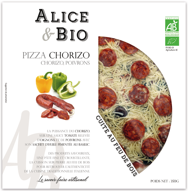 PIZZA  CHORIZO, POIVRONS ET OIGNONS alice & bio