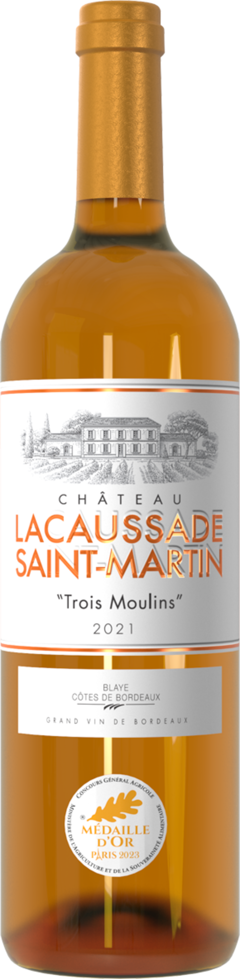 CHÂTEAU LACAUSSADE SAINT MARTIN - TROIS MOULINS 2022  AOP BLAYE CÔTES DE BORDEAUX
BLANC SEC code EAN 3760221606418 