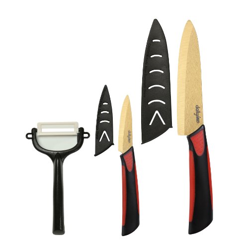 Dailycious ®,- dc-0038 - lot de 3 pièces céramique titanium lame gold// manche bi-color abs noir/silicone rouge //1 couteau chef 15cm + 1 couteau office 7,5cm + 1 éplucheur + fourreaux de protection code EAN 3760225120347 