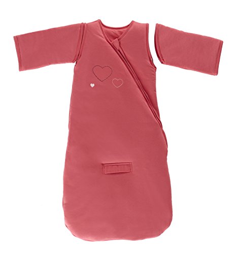 P'tit Basile Grande gigoteuse hiver 24-36 mois - gigoteuse nomade 3 en 1 à manches amovibles pour lit, poussette et siège auto - gigoteuse chaude douce et confortable avec son enveloppe en jersey 100% coton bio - tog 3 - broderie petits cœurs- coloris rose framboise code EAN 3760240961444 