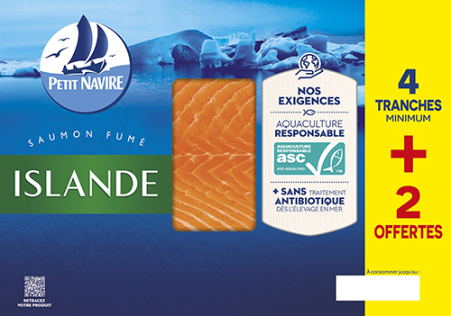PETIT NAVIRE SAUMON FUMé ISLANDE OU NORVEGE (1) OU ÉCOSSE(2) code EAN 3760253432412 