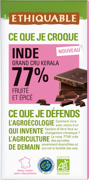  Tablette De Chocolat Noir Bio 77% Fruité Et Épicé D'inde Etiquable code EAN 3760278868944 