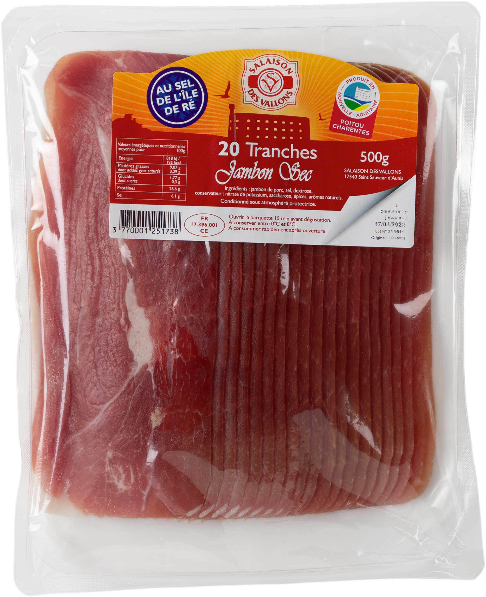 “SALAISON DES VALLONS” 20 TRANCHES DE JAMBON SEC SALÉ AU SEL DE L’ÎLE DE RÉ code EAN 3770001251738 