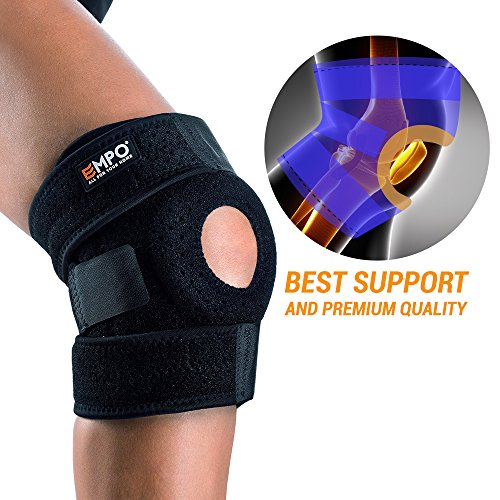 EMPO Attelle de genou de support pour course, jogging, exercice, soccer et d'autres activités sportives, soulage les douleurs articulaires, arthrite et récupération des lésions - garantie à vie - maximum du confort, complètement ajustable, unisexe - néoprène de haute qualité bonne compression sportive - soulage tendinite rotulienne, tension, entorse et la douleur d'arthrite / aide la stabilisation de lca ligament avec son unique design antidérapant et fort velcro bande - black code EAN 3807377385108 
