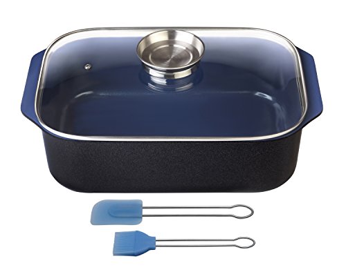 GSW 'GSW 800419 Ceramica Bleu cobalt induction Plat à rôtir rectangulaire avec couvercle protection de l'arôme en verre 40 x 26 x 11 cm/Env. 8 L - avec pinceau set de 2 pièces, fonte d'aluminium, noir/bleu, 40 x 26 x 12,5 cm, 4 unités code EAN 4005643800419 