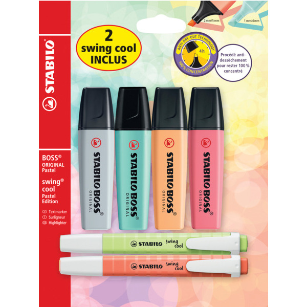 STABILO 4 SURLIGNEURS  BOSS ORIGINAL PASTEL + 2 SWING COOL PASTEL  code EAN 4006381563635 