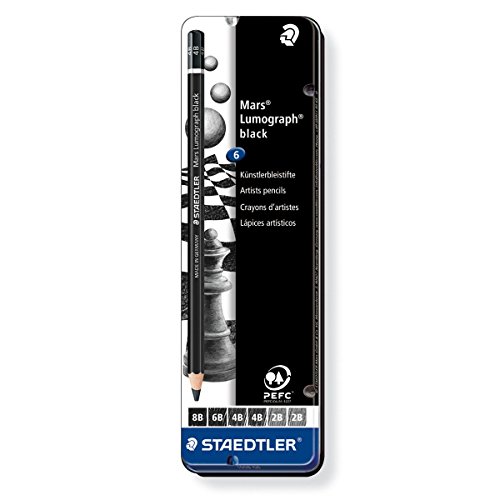 Staedtler - mars lumograph noir 100b - boîte métal 6 crayons graphite assortis (8b/6b/4bx2/2bx2) code EAN 4007817185568 