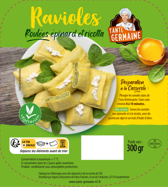 TANTE GERMAINE RAVIOLES ROULÉES ÉPINARD ET RICOTTA
 code EAN 4020814221282 