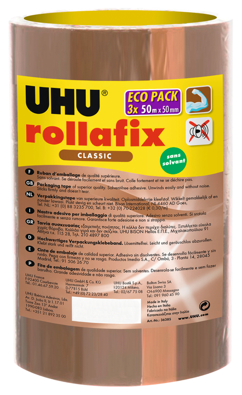 UHU 3 RUBANS D'EMBALLAGE BRUN 50M X 50MM ROLLAFIX UHU code EAN 4026700363852 