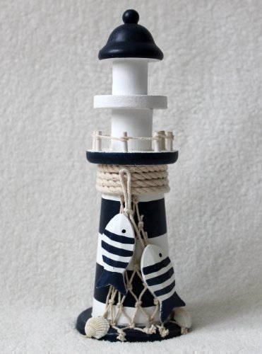 Leuchttürme Phare décoratif en bois bleu 23 cm-blanc avec 2 poissons en bois code EAN 4044073483304 