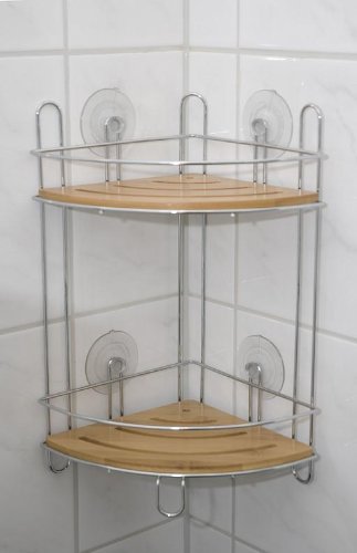 Étagère d'angle en bois & bambou chromé à ventouse