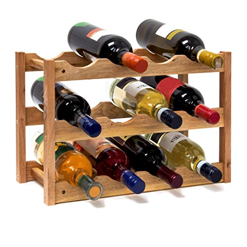 Casier à vin range bouteilles horizontal 3 étages de 4 bouteilles pour 12 bouteilles en bois étagère à bouteilles de vin dimensions 28 x 42,5 x 21 cm porte-bouteilles bois de noyer, nature 4052025192792 Relaxdays