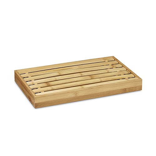 Relaxdays Planche à pain en bambou planche à découper en bois avec ramasse miettes h x l x p: 4 x 38 x 23,5 cm nettoyage facile grille pratique pour miettes, nature code EAN 4052025203276 