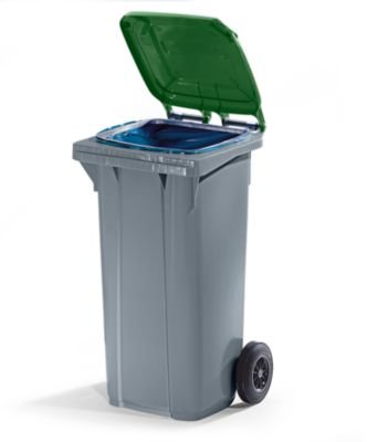 Certeo Conteneur à déchets en plastique conforme à la norme DIN EN 840 - capacité 120 l, gris couvercle vert - collecteur d'ordures collecteur de déchets conteneur à déchets conteneur à ordures poubelle poubelle à déchets poubelle à ordures poubelles poubelles à code EAN 4052939921020 