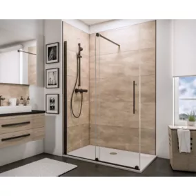  Paroi de douche à l'italienne coulissante l.100xH.200cm, Walk In, verre transparent anticalcaire 8mm, profilé noir mat, Schulte NewStyle code EAN 4060991053283 