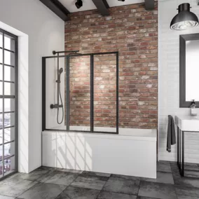  Pare-baignoire à coller pivotant 3 volets pliables, 127 x 140 cm, style verrière industrielle, verre transparent 3mm, profilé noir mat, Schulte Golf code EAN 4060991065408 