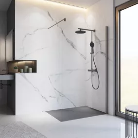  Paroi de douche fixe à l'italienne l.140xH.200cm, verre transparent anticalcaire 6mm, profilé finition gun metal, Schulte NewStyle code EAN 4060991079702 
