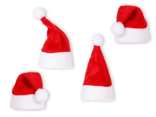 Alsino Lot de 4 Mini bonnet de noel couvre-oeufs (wm-133) pour les maintenir bien chaud Sur la table de fête , devant l'assiette de chaque invité, sur une bouteille...ou à suspendre sur votre sapin ou à accrocher sur vos décorations de Noël Hauteur totale environ 10 cm. Diamètre environ 5 cm rouge blanc code EAN 4250487228442 