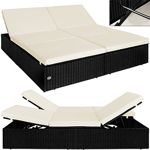 Chaise longue double en rotin noir, coussins cr...
