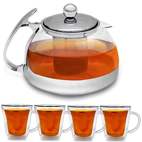 Set 5 pièces Théière + 4 verres à thé service à...