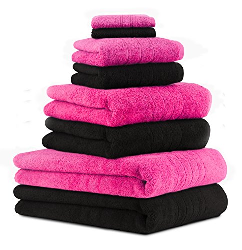 BETZ Betz Lot de 8 serviettes set de 2 serviettes de bain 2 draps de bain 2 serviettes de toilette 2 lavettes 100% coton Sauna drap de bain DELUXE couleur noir et fuchsia code EAN 4250850643544 