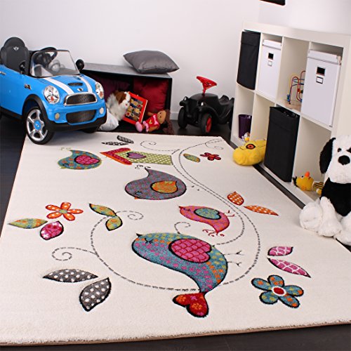 Tapis Pour Enfant Oiseaux Mignons en Crème Bleu...