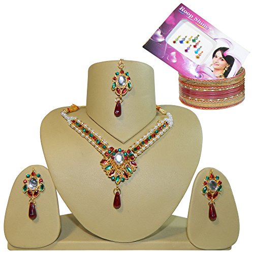 IB Parure indienne Bollywood SONAKSHI Rouge Vert et Doré Collier Tikka Boucles d'oreille et Bracelets Bangles Monture dorée Bijoux indiens de mariage code EAN 4250925505616 