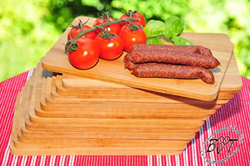 BTV Raclette de Planchette, 18 pièces, planche à pizza, planche de fondue en Bruschetta, assiettes à steak, plat et planche à découper - Massive, env. 8 mm Forte Planches en bois carrée Naturel Bambou, dimensions?: env. 22 cm x 14 cm de qualité comme un Bruschetta de plateau, planches à steak en écorce Plateau à Fromage Pain Temps bredl, planche à jambon, rustique code EAN 4251200217200 