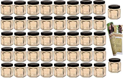 gouveo '42 Bocaux de confiture hexagonaux "Hexagon vides 47 ml incl. Rouge Pivotant Noir et bouteille Discount de recettes Brochure, bocaux, pots de confiture, fraîcheur, Verres, bocaux, avec couvercle code EAN 4251286300292 
