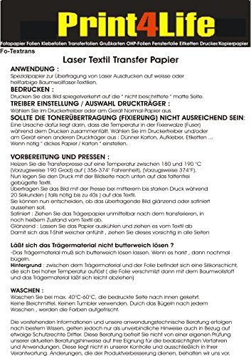 Print4Life 25 feuilles A4 imprimante laser couleur laser film de transfert de copieur / papier de transfert / papier spécial pour l'impression sur des T-shirts blancs ou de couleur claire, casquettes de baseball et d'autres textiles de coton. Imprimez votre dessin sur le papier de transfert à revêtement spécial et de transférer l'image à l'aide d'une presse de transfert sur textile code EAN 4260273766881 