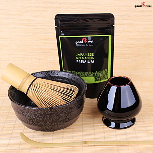 Ensemble de Démarrage Thé Matcha complète: - Thé vert Matcha japonais de l'agriculture biologique + Tasse à thé Matcha, Fouet avec support et cuillière en bambou 4260308665639 Goodwei