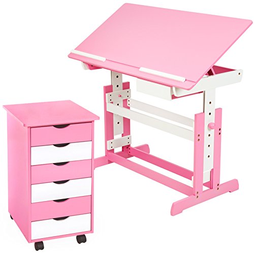 TecTake Bureau enfant hauteur réglable inclinable 109x55cm avec commode caisson à roulettes - rose code EAN 4260397650769 