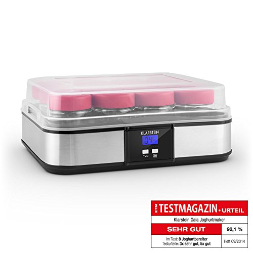 Klarstein Gaia - yaourtière électrique 12 pots avec timer pour préparation de yaourts maison (volume total 2,5l, pots de 210ml, écran lcd) inox - noir code EAN 4260414895913 