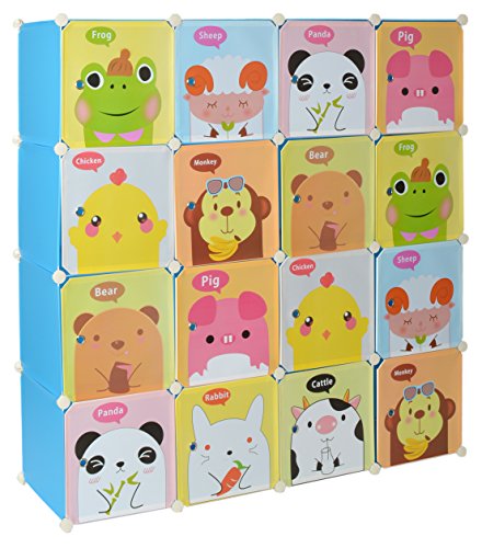 ts-ideen Armoire étagère pour enfants bleu blue portes motifs imprimés 16 casiers montage sans vis meuble de rangement organisation ustensiles jeux vêtements 145 x 145 cm code EAN 4260415376275 