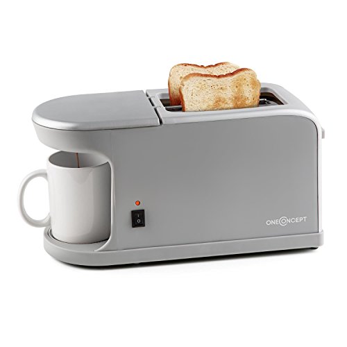 OneConcept oneConcept Quickie - Toaster grille-pain double fente 2-en-1 avec mini machine à café micro cafetière pour une tasse (puissance de 1050W, coupelle à miette, tasse incluse) - gris code EAN 4260486150262 