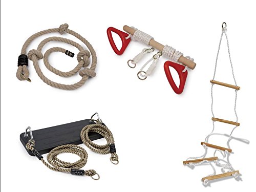 Equilibre et Aventure  Kit portique complet : 1 balançoire caoutchouc + 1 trapèze double usage à poignées + 1 corde à noeuds épaisse + 1 échelle de corde en bois pour tout portique standart. Livraison gratuite code EAN 4700299915141 