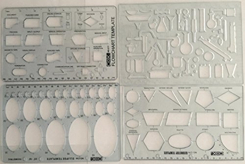 Cox Lot de 4 pochoirs Ingénieur Débit Tableau, Ellipse, géométrie & Chimie Lab Règle pochoir modèles code EAN 4714219400778 