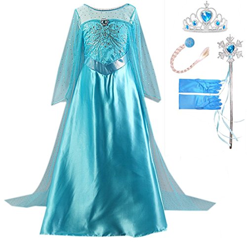 GenialES® GenialES Robe Fille Deguisement de Princesse Costume Longue Bleu avec Gants Couronne Baguette Tresse - Mariage Soiree Parti Cosplay Carnaval Halloween pour Fille âgés de 2-8 ans code EAN 4894546581132 