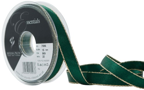 Ruban en satin à bordures dorées 15 mm, vert sapin