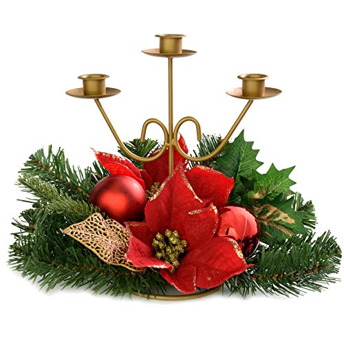 WeRChristmas Figurine 22 cm holly/feuilles/fleurs triple porte-bougie orné de ruban adhésif de décoration de noël rouge/doré 5055396918144 (5055396918144)