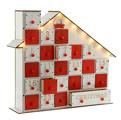 WeRChristmas Calendrier de l'avent en forme de maison en bois illuminée de lampes led blanc chaud blanc 33 cm 5055396981049 (5055396981049)