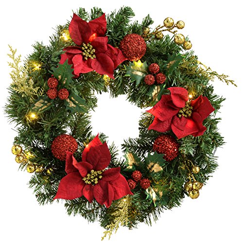 WeRChristmas Couronne 60 cm avec décoration de noël illuminé avec 20 led blanc chaud, rouge/or 5055396981971 (5055396981971)