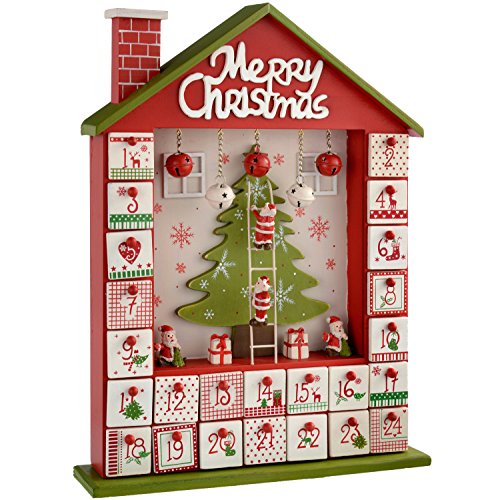 WeRChristmas Décoration en bois en calendrier de l'avent maison décoration de noël, rouge, 37 cm 5055396984477 (5055396984477)